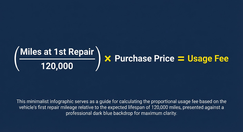 The California lemon law usage fee formula using miles at first repair divided by 120,000 multiplied by purchase price