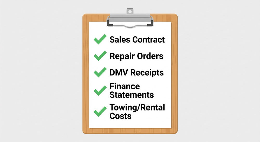 Checklist of required documents for a lemon law claim including sales contract, repair orders, and fee receipts