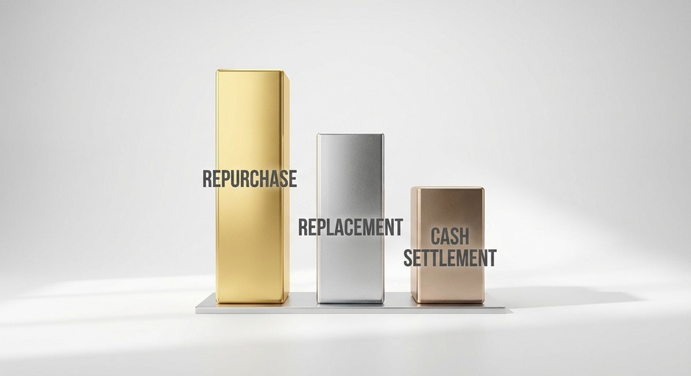 Bar chart displaying types of lemon law resolutions including Repurchase, Replacement, and Cash Settlement