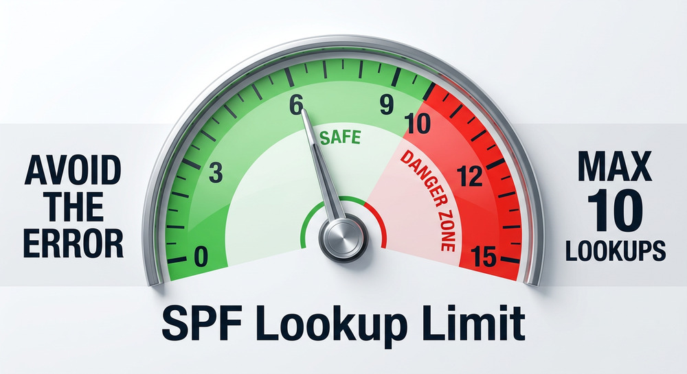 A gauge chart showing a needle pointing near the 10 lookup limit for SPF records