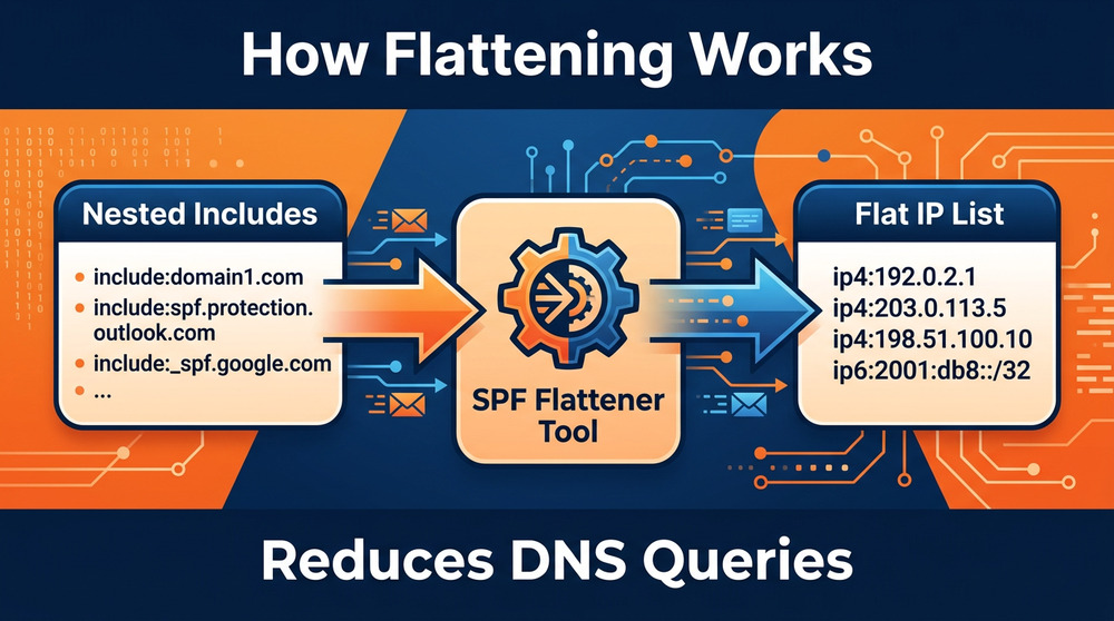 Process diagram showing nested includes converted by an SPF flattener into a flat IP list