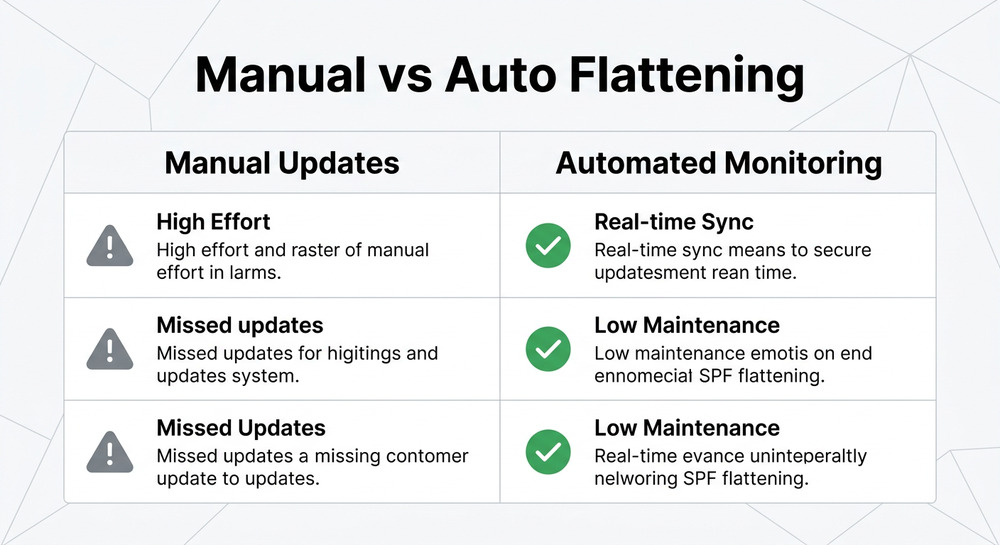 Comparison table showing the drawbacks of manual SPF updates versus automated monitoring