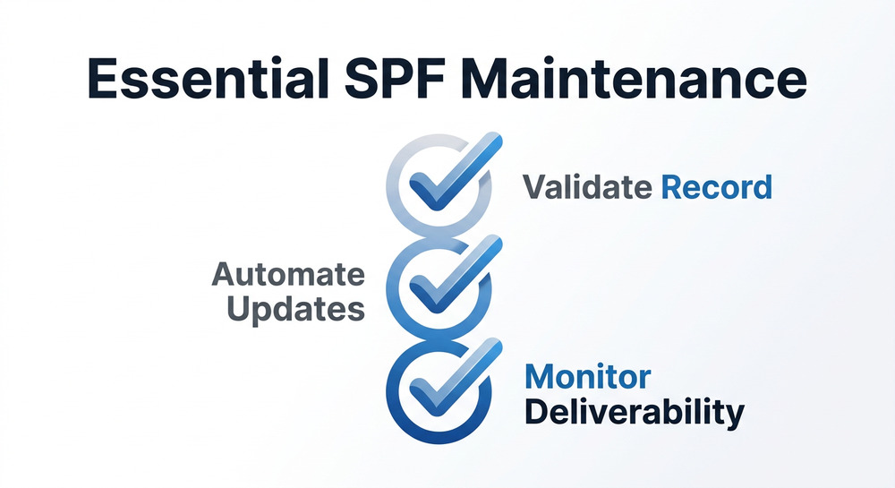 Three-step checklist for SPF maintenance including validating records, automating updates, and monitoring deliverability